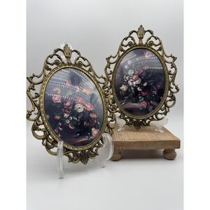Vintage Italy Brass Ornate Floral Print Oval Frames Convex Glass Set of 2
